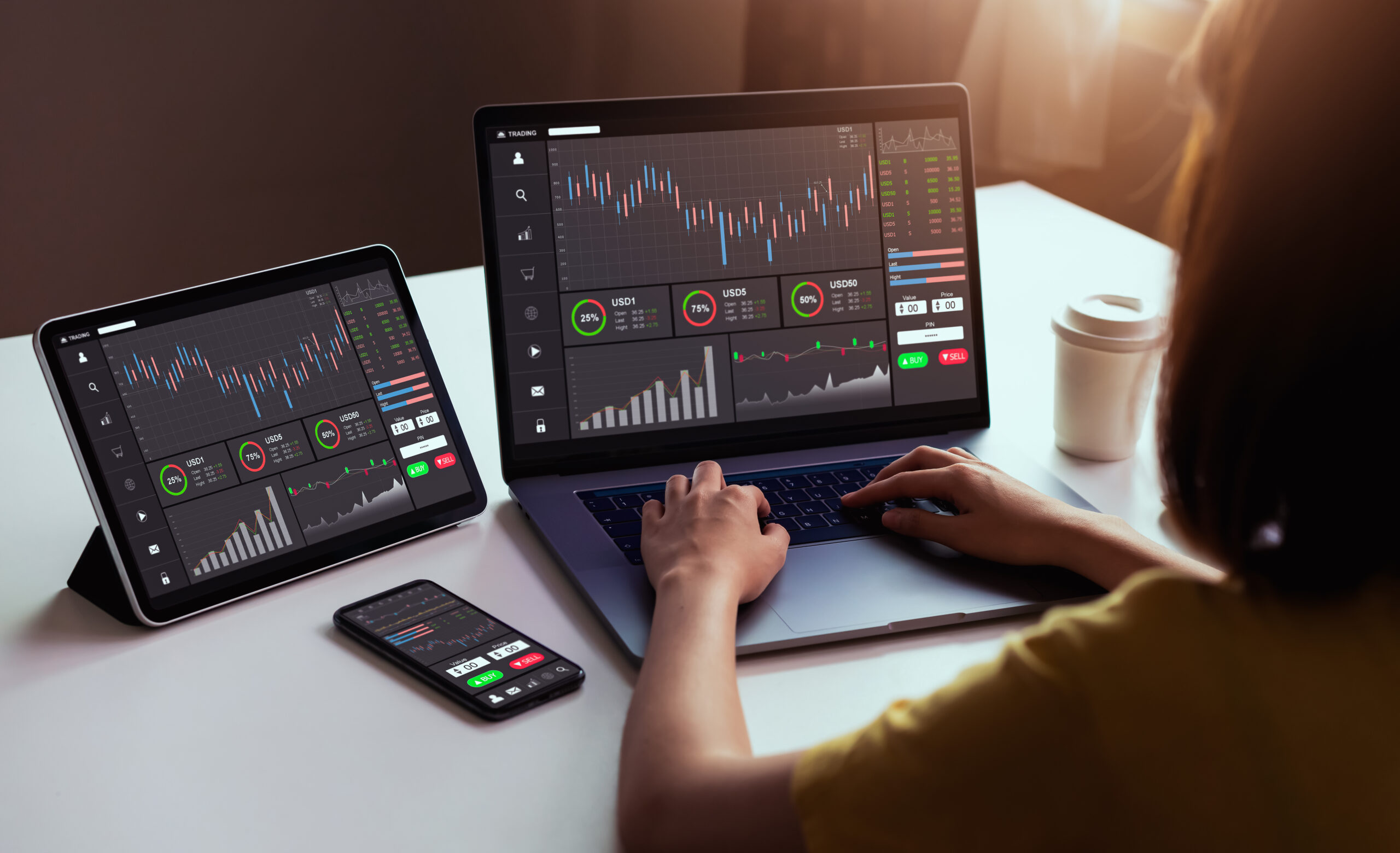 A businesswoman a copy trading, focused and engaged, analyzing graphs and candlestick patterns on her laptop, tablet, and smartphone. She is utilizing technology to make informed trading decisions and stay updated on market trends.