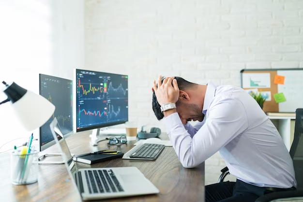 A worried man sitting at his desk, anxiously looking at his computer screen displaying candlestick charts, indicating his fear about potential losses in his office.