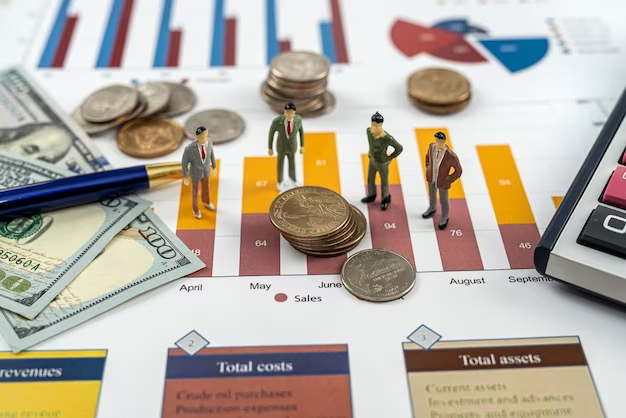 A group of small cartoons portraying business people standing on a paper representing a business and financial analysis report graph. They are discussing and analyzing the data, using it to make informed decisions and strategies for their business growth and success.