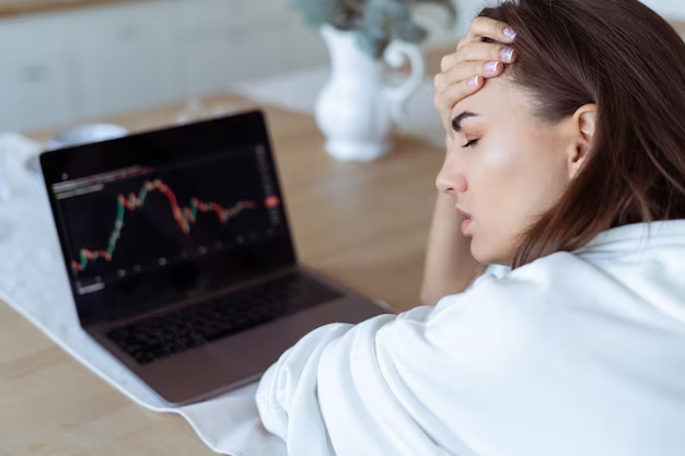 A girl with her hand on her head, expressing frustration or stress, while using a laptop displaying candlestick charts, symbolizing overthinking in the context of financial or stock market analysis.