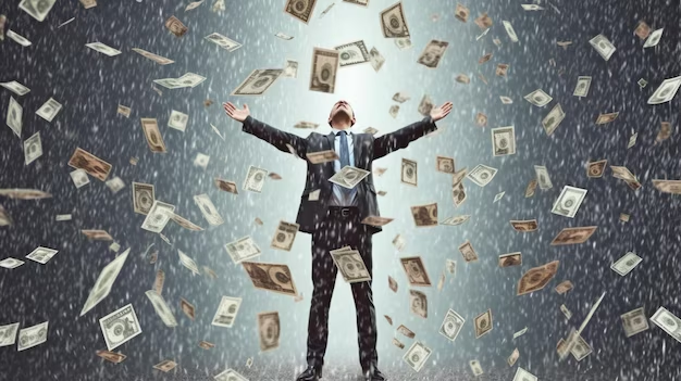 A multi-millionaire standing confidently in the middle of an open space, surrounded by a captivating rain of money, symbolizing their wealth and success.
