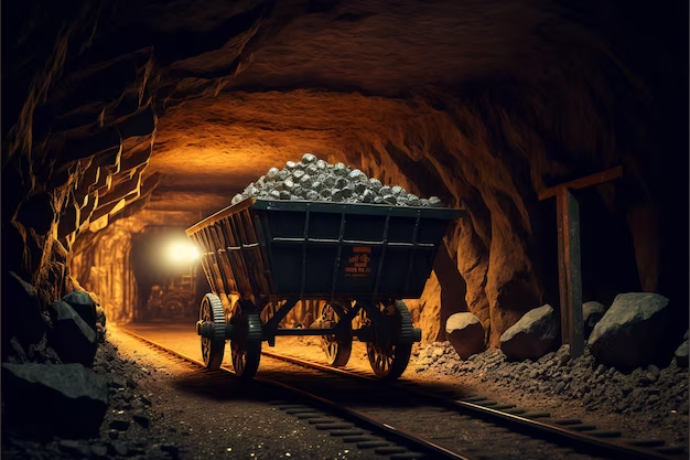 Mining cart in underground tunnel.