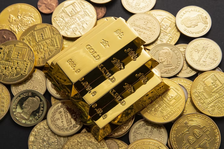 Stack of gleaming gold coins and bars, symbolizing wealth and financial prosperity.