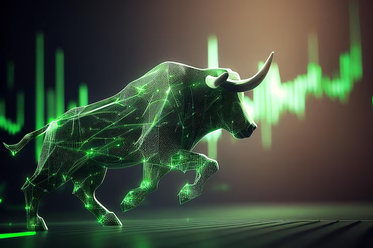 Green bull market soaring, a bullish uptrend in stocks symbolizing financial success.