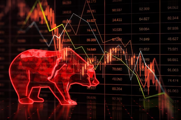 Red bear market plunges, economic crisis triggers stock market crash, representing downward financial trend.