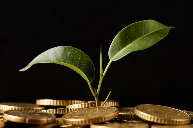 A captivating photo capturing the front view of a plant emerging and thriving from a bed of coins. The image symbolizes the idea of financial growth, investment, and prosperity.