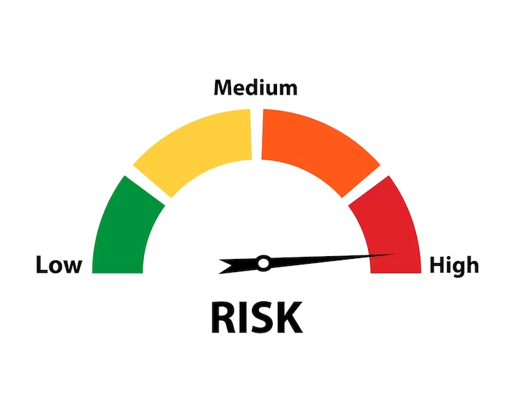 High-level risk gauge vector icon illustration of a fuel gauge symbolizing elevated risk on a white background.
