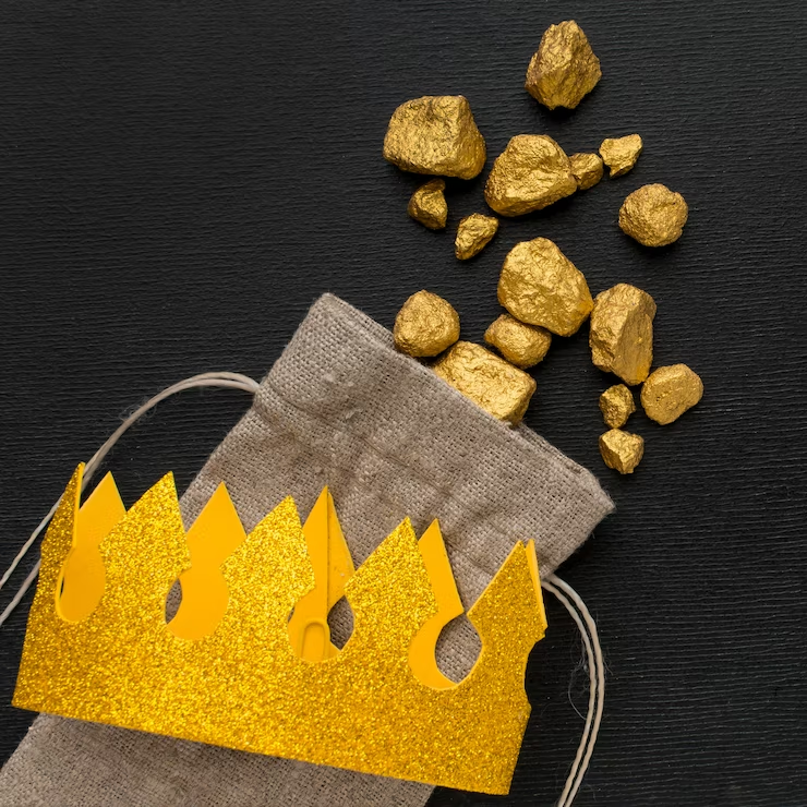 A compelling top-view photo showcasing a gunny sack filled with shimmering gold ore, accompanied by a regal crown.