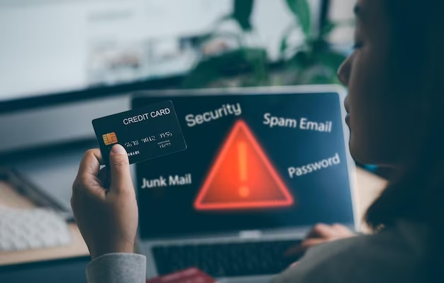 Woman's hand holds credit card: Touching laptop with security warning displayed on graph screen, emphasizing the importance of secure online transactions.