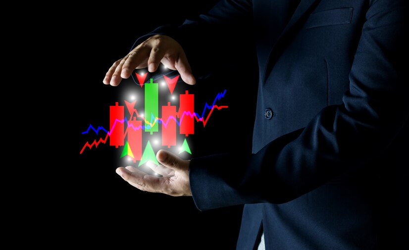 Hands of businessman on stock market candlestick chart the dynamics of finance and banking against a striking black backdrop.