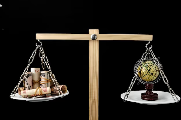 A symbolic image featuring a two-pan balance with the Earth on one side and stacks of money on the other.
