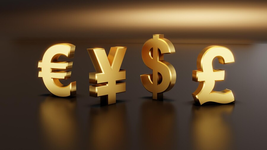 A 3D illustration of currency symbols in golden color, including the euro (€), yen (¥), and dollar ($), representing global currencies and financial transactions.