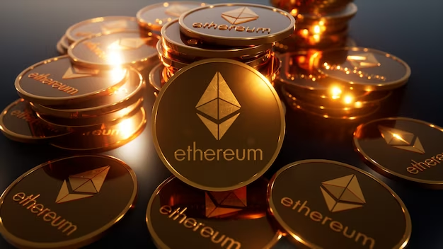 A photo showcasing the Ethereum cryptocurrency. The image features the Ethereum logo and symbol, which represents the digital currency and blockchain platform.
