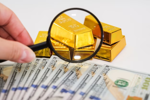 Trade gold through a small magnifying glass with currencies around her.