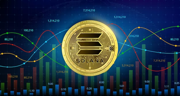 
A visual representation of Solana (SOL) cryptocurrency, depicted as a golden coin, with a digital chart showcasing stock numbers moving up and down. This image represents the volatility and fluctuations commonly observed in the cryptocurrency market.