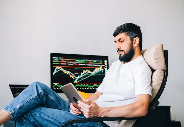 Commodity Trading Exchange, market trends are shown in the background on the laptop and a man is using tablet sitting on his chair.