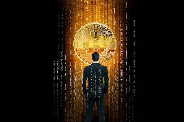 A person standing in front of a Digital Currency Bitcoin