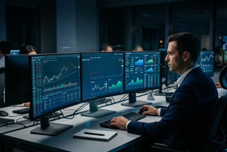 A man in a navy blue suit is sitting at a desk with four monitors displaying multiple financial charts and lines of green code floating in front of him. In the background of a dark office, other people are seen at their own desks with monitor setups. The man is focused on his monitors while his left hand rests near a keyboard.