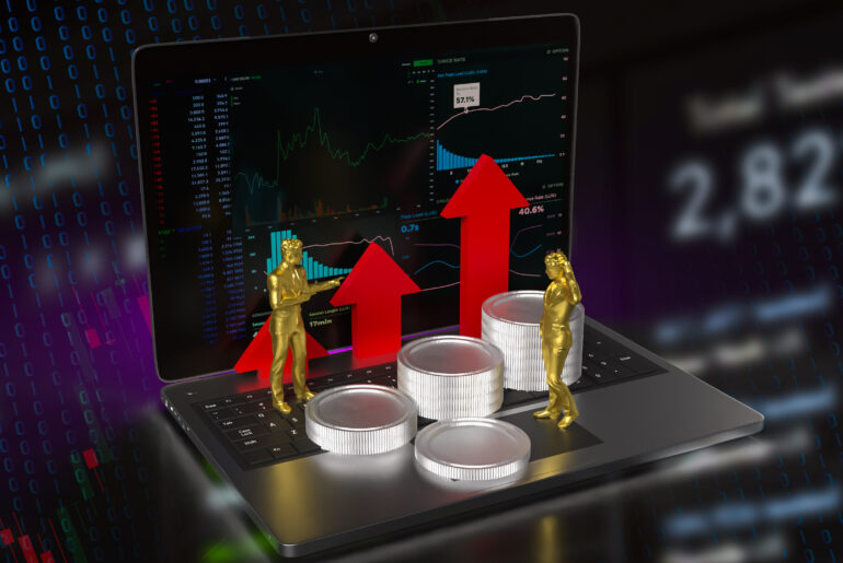3D chart showing rising and falling crypto market trends on a laptop screen representing cryptocurrency market cycles and bull run preparation