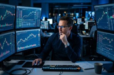 A professional stock trader with a serious expression looks at a complex six-monitor setup displaying detailed financial charts and candlestick graphs in a dimly lit, high-tech office environment. He is analyzing market data with his hand on his chin, illustrating the intense focus required for active trading and the risks of overtrading.