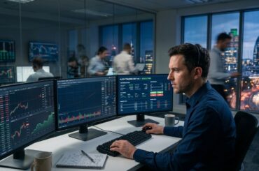 A trader using a headset monitors three large computer screens in a modern city office at night. The screens display detailed financial charts and an interface for automated trading bots accuracy, illustrating a high-stakes trading environment.