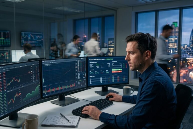 A trader using a headset monitors three large computer screens in a modern city office at night. The screens display detailed financial charts and an interface for automated trading bots accuracy, illustrating a high-stakes trading environment.