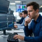 A focused male trader in a professional office setting looking at multiple computer monitors displaying fluctuating financial stock charts and data.