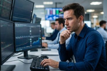 A focused male trader in a professional office setting looking at multiple computer monitors displaying fluctuating financial stock charts and data.