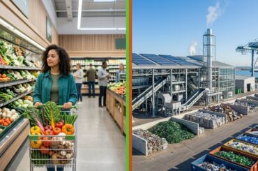 A split-screen stock photo showing a consumer shopping with a full grocery cart on the left and a large industrial manufacturing plant with shipping containers on the right, separated by a distinct vertical border.