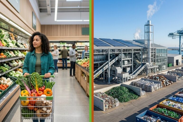 A split-screen stock photo showing a consumer shopping with a full grocery cart on the left and a large industrial manufacturing plant with shipping containers on the right, separated by a distinct vertical border.