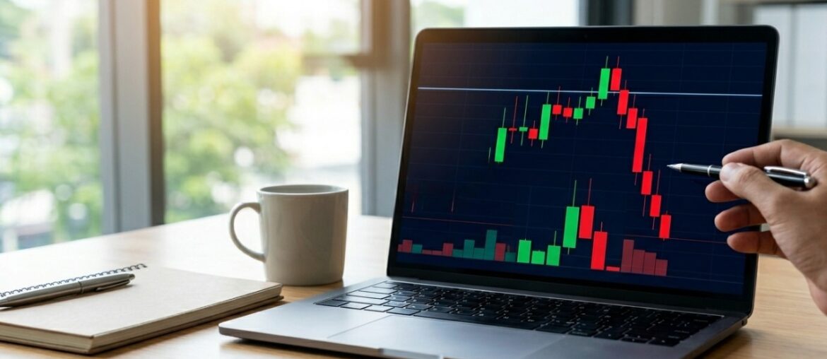 A laptop on a wooden desk displaying a financial candlestick stock chart with green and red bars indicating a market breakout or trend reversal.
