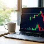 A laptop on a wooden desk displaying a financial candlestick stock chart with green and red bars indicating a market breakout or trend reversal.