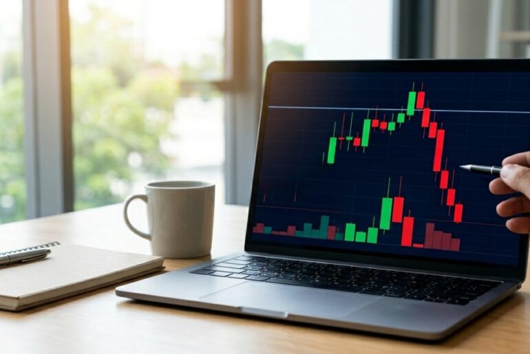 A laptop on a wooden desk displaying a financial candlestick stock chart with green and red bars indicating a market breakout or trend reversal.