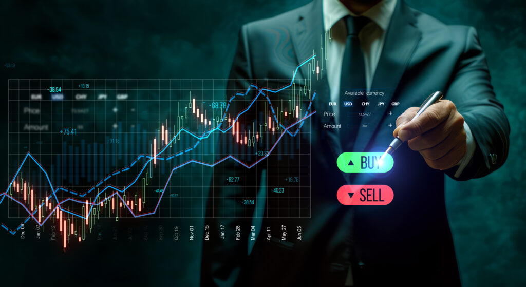 Business professional in a suit using a digital trading interface with candlestick charts, trend lines, and buy/sell buttons, representing trading indicators vs price action strategies in financial markets.