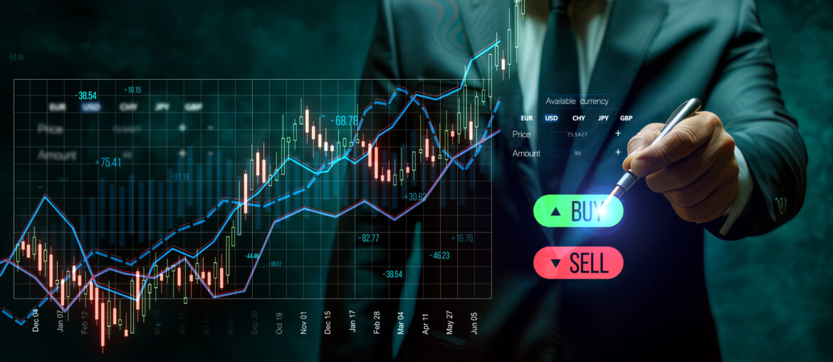 Business professional in a suit using a digital trading interface with candlestick charts, trend lines, and buy/sell buttons, representing trading indicators vs price action strategies in financial markets.