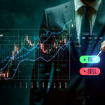 Business professional in a suit using a digital trading interface with candlestick charts, trend lines, and buy/sell buttons, representing trading indicators vs price action strategies in financial markets.
