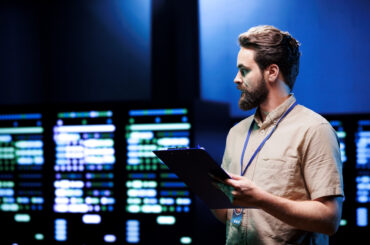 A professional trader monitoring multiple screens in a dark server room, representing the low-latency and high-security environment of a trading VPS.