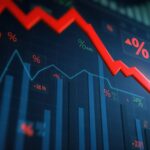 A 3D stock market chart showing a red downward arrow representing financial risk and market volatility.