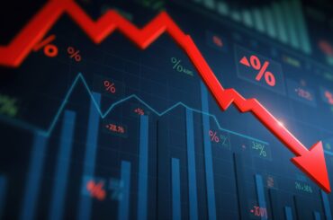 A 3D stock market chart showing a red downward arrow representing financial risk and market volatility.
