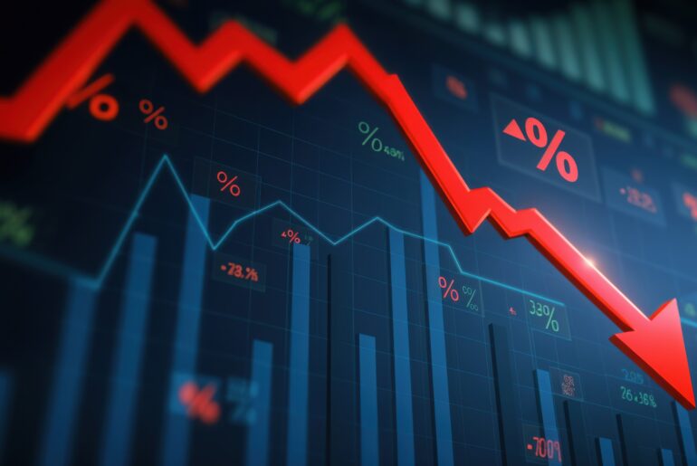 A 3D stock market chart showing a red downward arrow representing financial risk and market volatility.