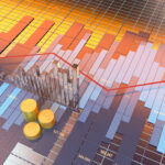 3D financial chart showing market structure data bars, a red trend arrow, and gold coins representing premium and discount zones in trading.