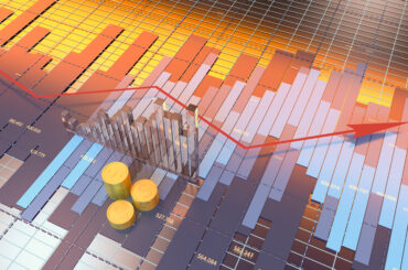 3D financial chart showing market structure data bars, a red trend arrow, and gold coins representing premium and discount zones in trading.