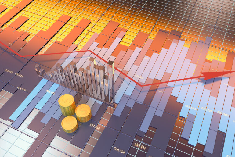 3D financial chart showing market structure data bars, a red trend arrow, and gold coins representing premium and discount zones in trading.