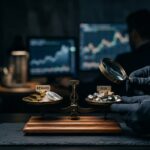 A person in dark gloves using a magnifying glass to closely inspect a balanced brass scale, with financial trading charts blurred in the background.