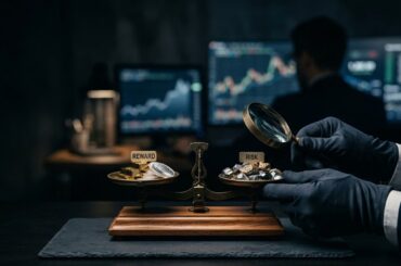 A person in dark gloves using a magnifying glass to closely inspect a balanced brass scale, with financial trading charts blurred in the background.