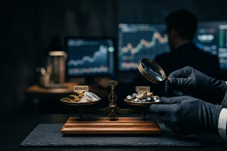 A person in dark gloves using a magnifying glass to closely inspect a balanced brass scale, with financial trading charts blurred in the background.
