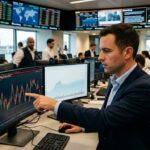 A professional stock trader in a suit pointing at a candlestick chart on a computer monitor in a busy financial trading room with multiple data screens.