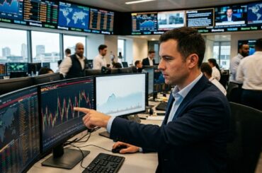 A professional stock trader in a suit pointing at a candlestick chart on a computer monitor in a busy financial trading room with multiple data screens.