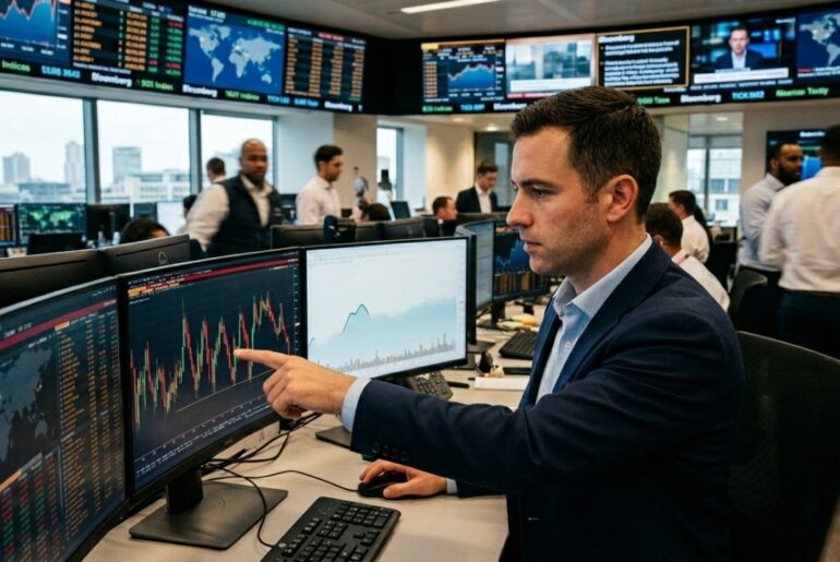 A professional stock trader in a suit pointing at a candlestick chart on a computer monitor in a busy financial trading room with multiple data screens.