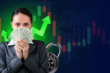 A businesswoman holding a fan of US dollars in front of a green upward arrow and a Forex candlestick chart, symbolizing leverage and profit potential in currency trading.